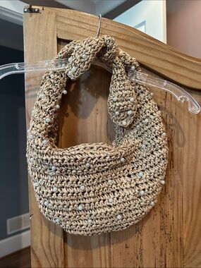 Haute Hippie Tan Crochet Pearl-Embellished Bag